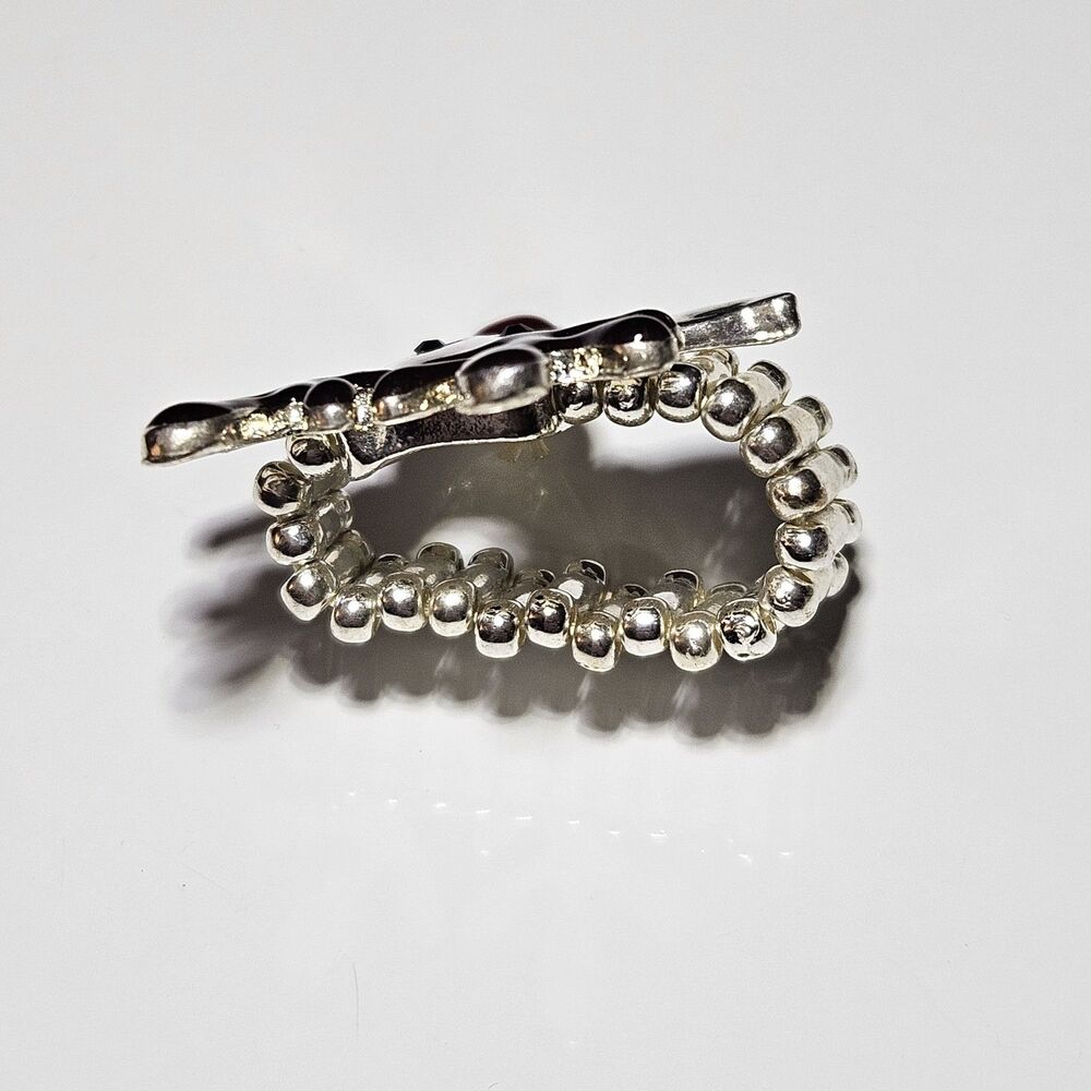 Silver Tone Brown Red Enamel Black Rhinestone Rudolph Stretch Ring - Picture 11 of 14